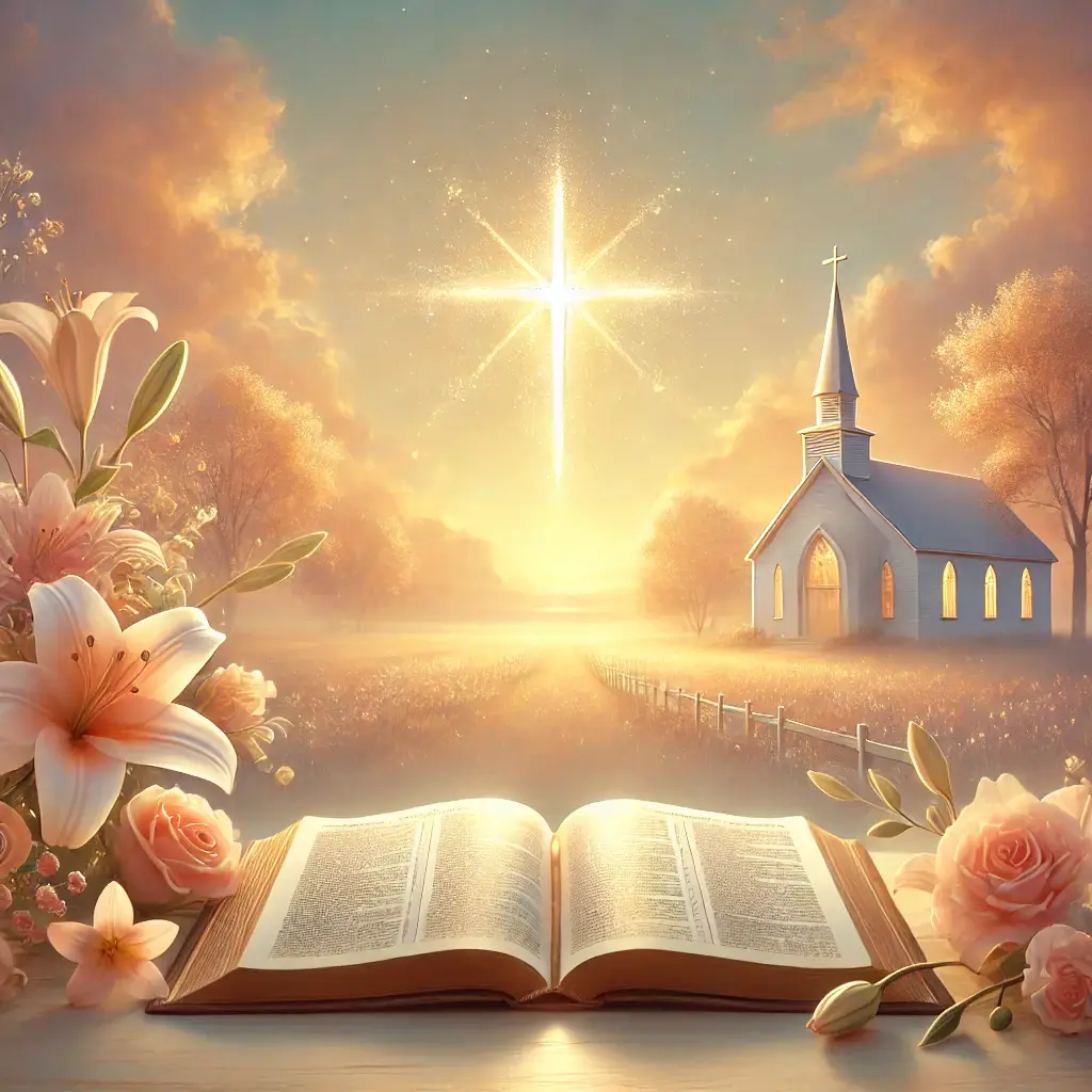 Peaceful and spiritual scene symbolizing religious birthday wishes with a glowing cross and an open Bible.