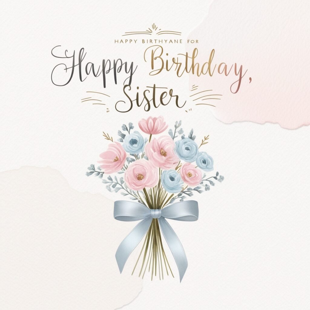 Colorful birthday card with festive decorations and the message 'Happy Birthday to My Wonderful Sister' in elegant script