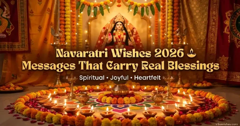 A beautifully decorated temple shrine of Goddess Durga surrounded by oil lamps and marigold flower garlands, featuring text overlay Navaratri Wishes 2026 Messages That Carry Real Blessings.