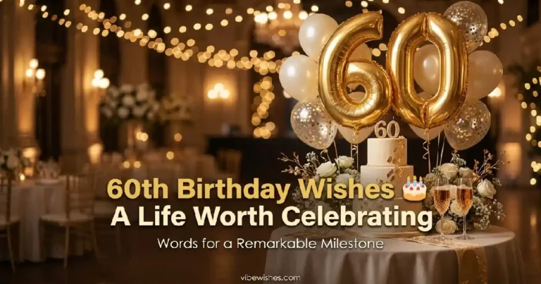 A beautiful three-tier white birthday cake with gold decorations and a 60 topper on a table with champagne glasses and large golden number 60 balloons, featuring the text 60th Birthday Wishes A Life Worth Celebrating.