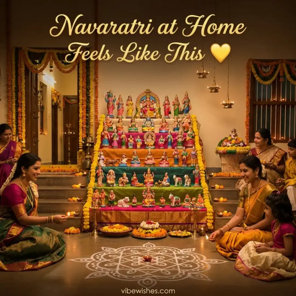Women in traditional silk sarees lighting diyas in front of a festive Navaratri Golu doll display at home, with text reading Navaratri at Home Feels Like This.
