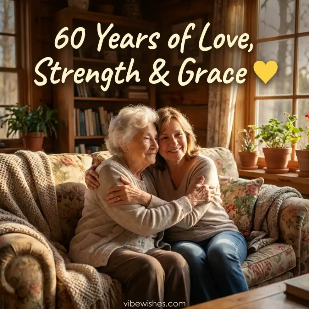 An older woman with white hair smiling warmly while embracing her adult daughter on a vintage floral couch, with text overlay 60 Years of Love, Strength & Grace.