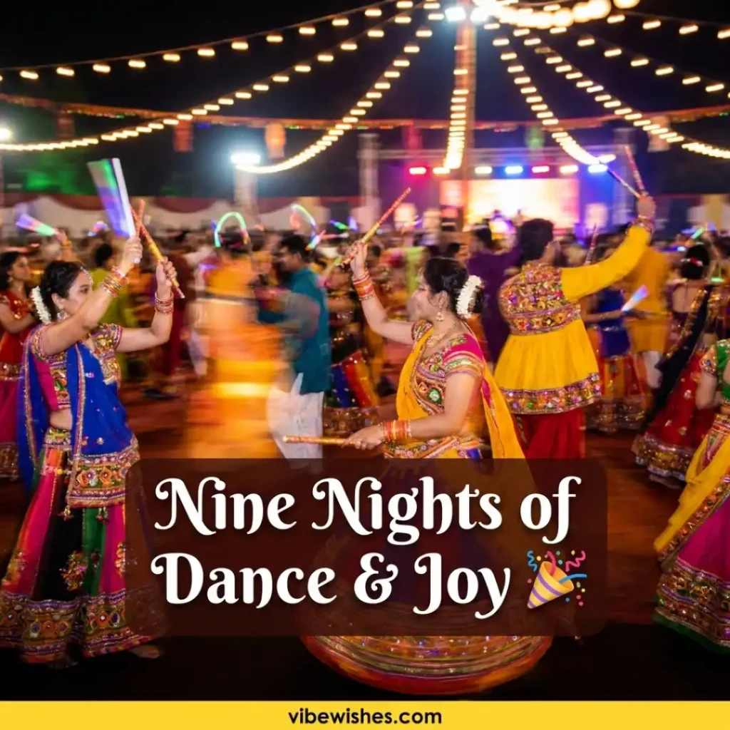 People dancing with colorful sticks at a vibrant outdoor Garba and Dandiya Raas festival celebration at night, titled Nine Nights of Dance & Joy.