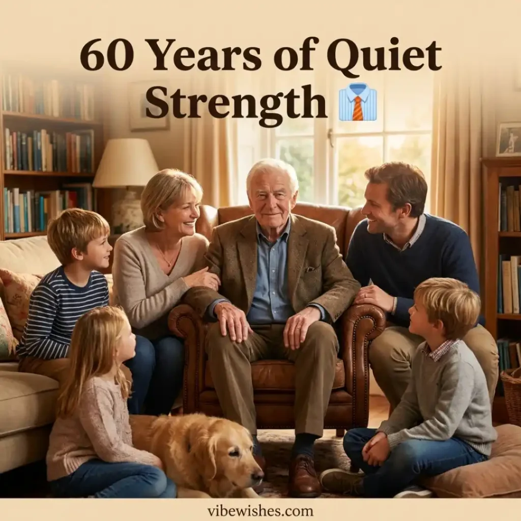 A distinguished older man sitting in a leather armchair surrounded by his loving family and grandchildren in a cozy living room, titled 60 Years of Quiet Strength.