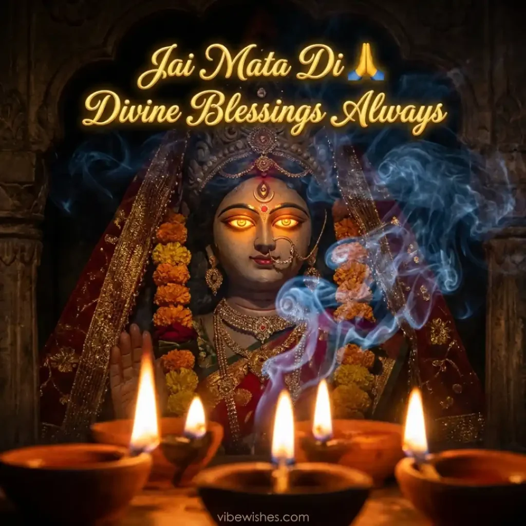 A close-up of a majestic Goddess Durga idol with glowing eyes behind rising incense smoke and lit clay lamps, with text overlay Jai Mata Di Divine Blessings Always.