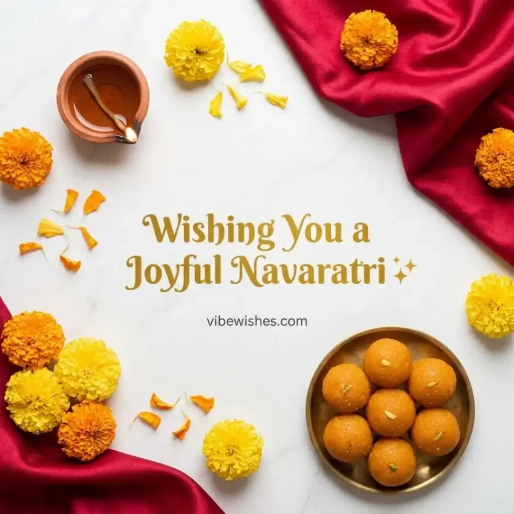 A minimalist overhead flat lay of a plate of laddu sweets, marigold petals, a lit diya, and a red silk fabric cloth on a white marble background reading Wishing You a Joyful Navaratri.