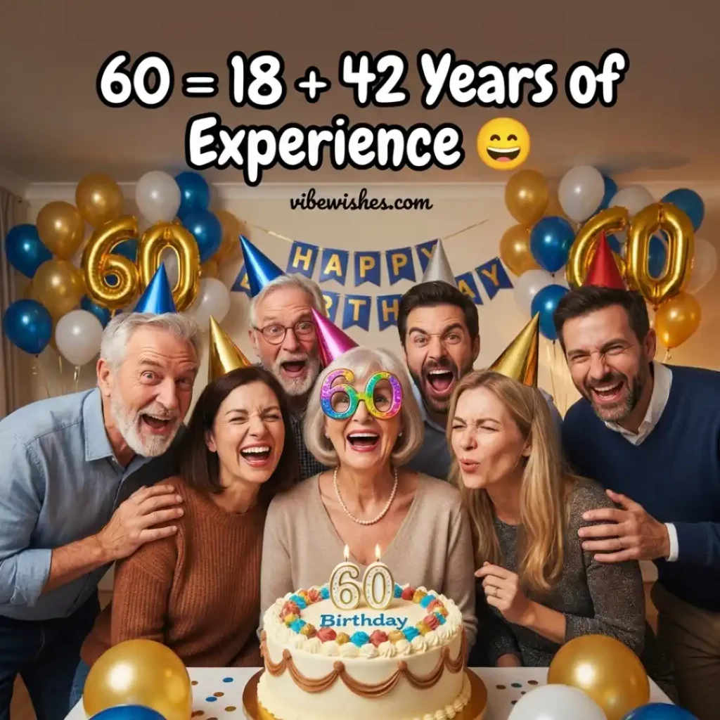 A group of cheerful family members wearing party hats laughing around an older woman wearing rainbow 60 glasses, titled 60 equals 18 plus 42 Years of Experience.