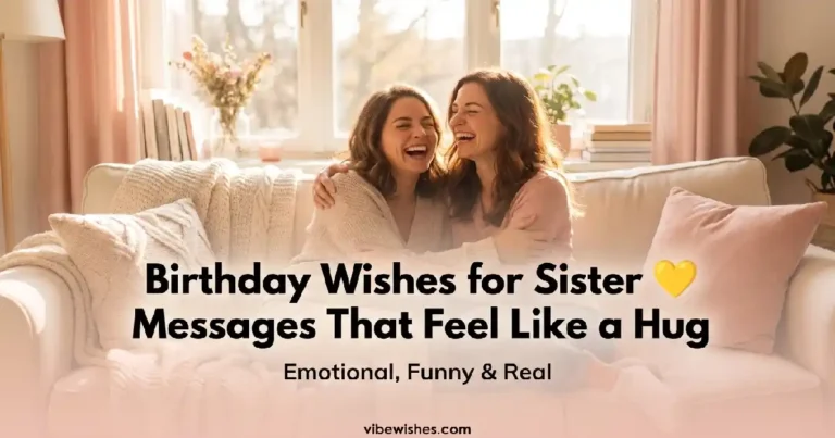 Two adult sisters laughing hysterically together on a cozy white sofa, with text overlay Birthday Wishes for Sister Messages That Feel Like a Hug.