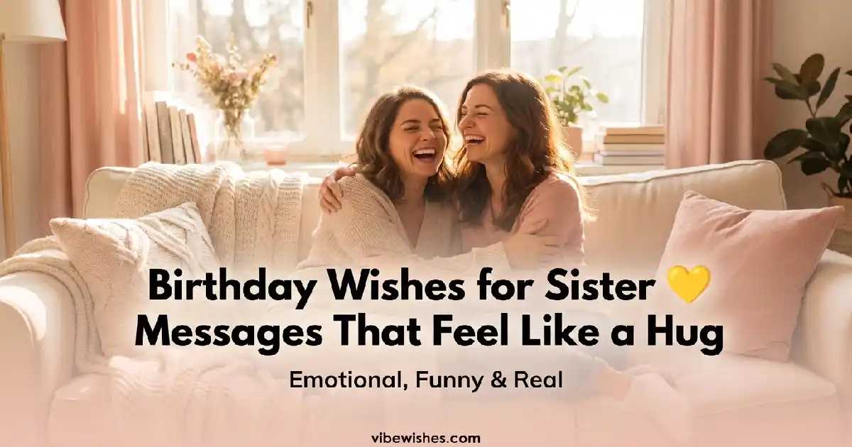 Two adult sisters laughing hysterically together on a cozy white sofa, with text overlay Birthday Wishes for Sister Messages That Feel Like a Hug.