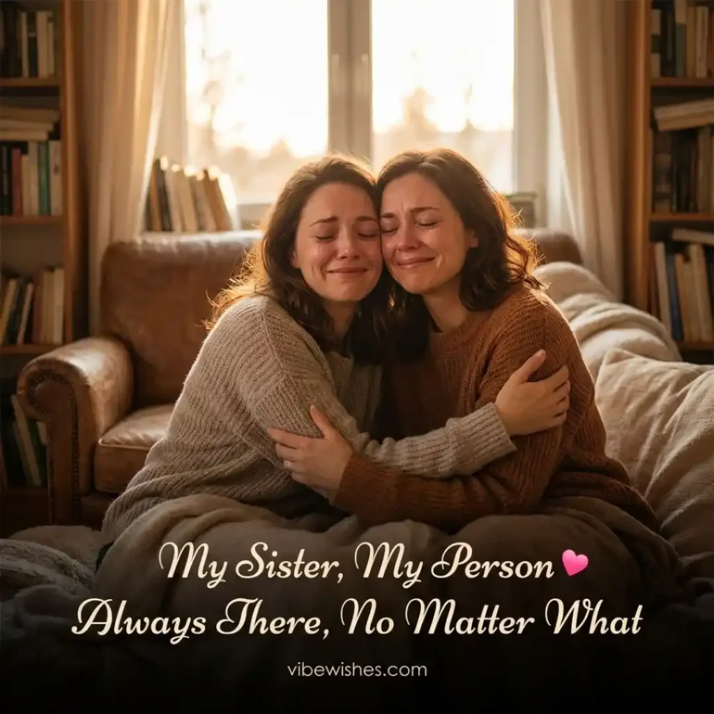 Two sisters crying tears of joy and hugging each other tightly on a couch, with text overlay My Sister, My Person Always There, No Matter What.