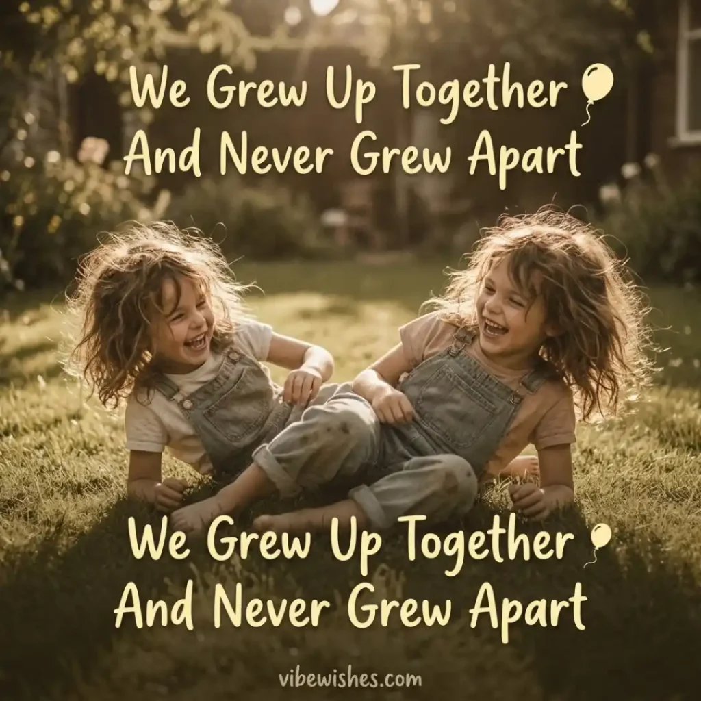 Two young twin sisters in denim overalls laughing and rolling in the grass together, with the quote We Grew Up Together And Never Grew Apart.