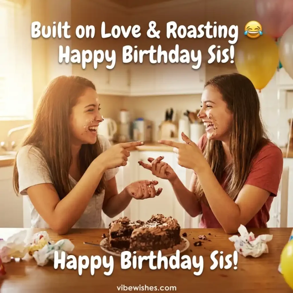 Two playful sisters pointing at each other and laughing across a table with cake frosting on their faces, titled Built on Love & Roasting Happy Birthday Sis!.
