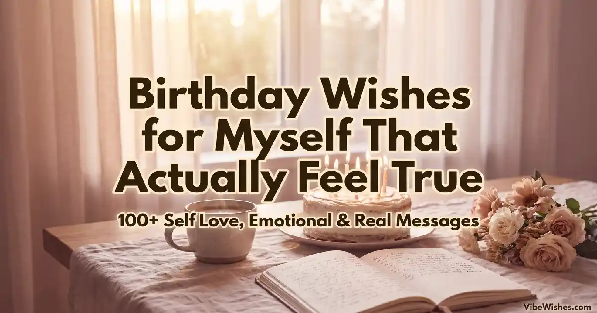 Birthday Wishes for Myself title card featuring a birthday cake with candles, a cup of coffee, and an open journal on a table.
