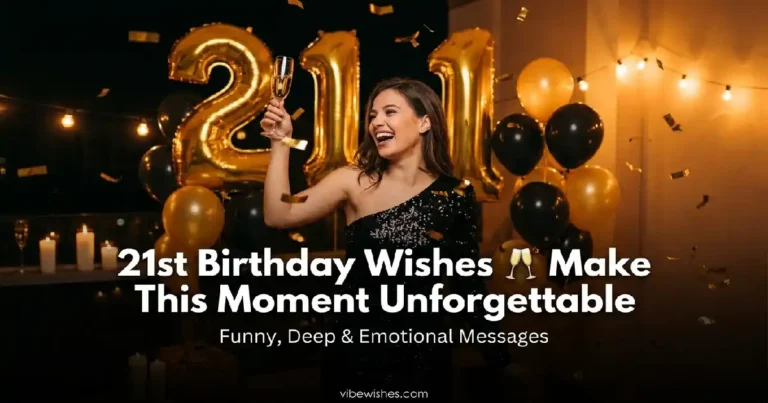 A happy young woman in a sparkly black dress holding up a champagne glass with large golden 21 balloons in the background, featuring the text 21st Birthday Wishes Make This Moment Unforgettable.