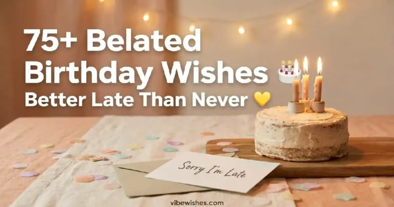 A small birthday cake with lit candles and a sorry I am late card text on a table representing belated birthday wishes.
