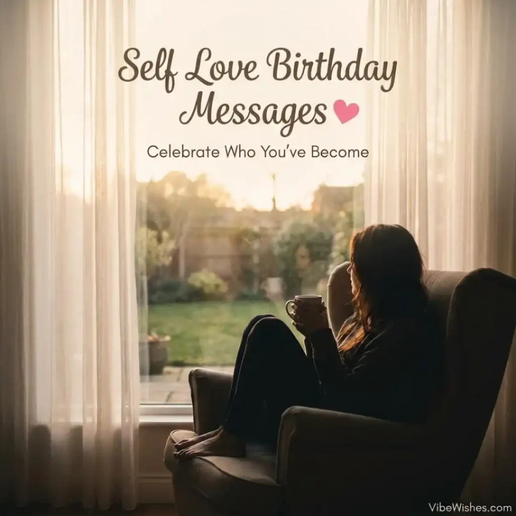A woman sitting cozy in an armchair by a window holding a mug, representing self love birthday wishes for myself.