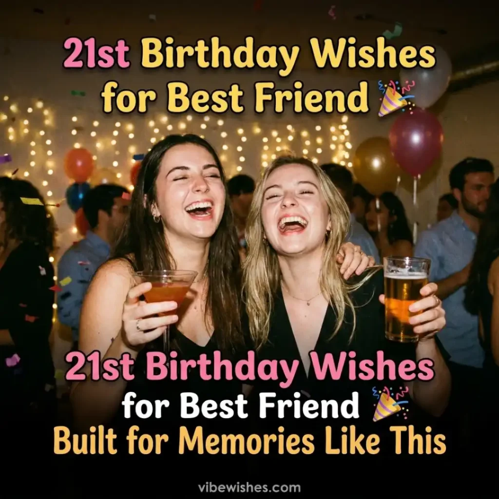 Two young women laughing loudly at a party while holding a cocktail and a beer glass, with the text 21st Birthday Wishes for Best Friend Built for Memories Like This.