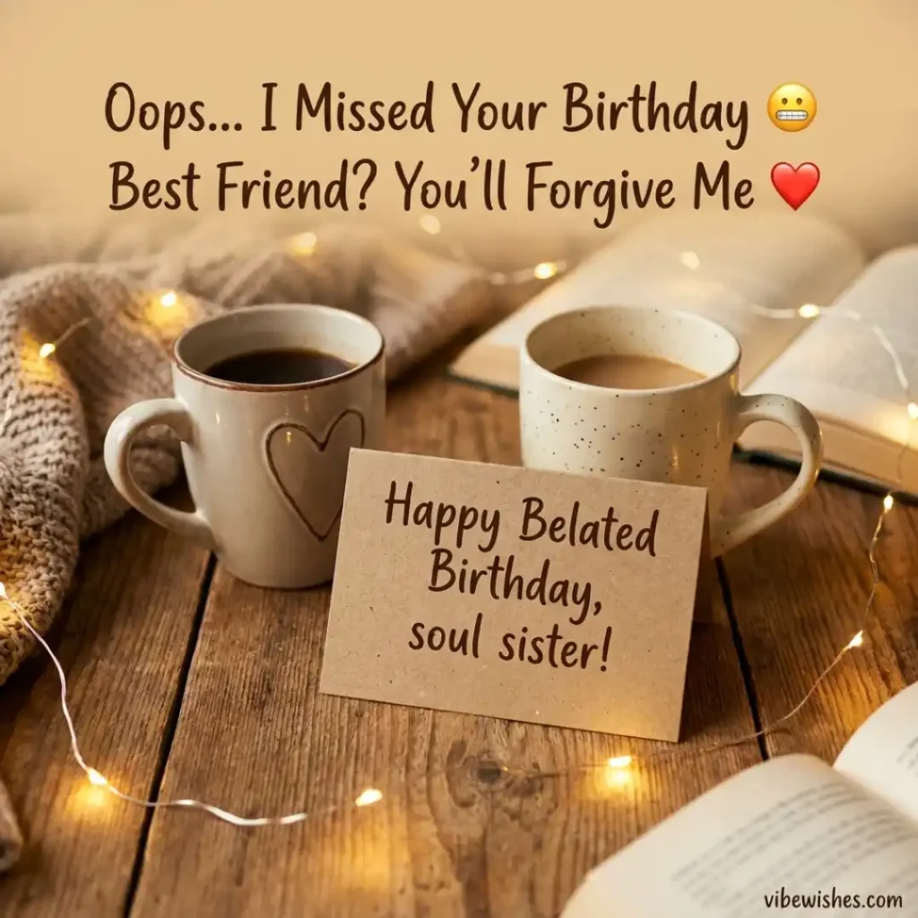Two coffee mugs on a rustic wooden table next to a card that says happy belated birthday soul sister.