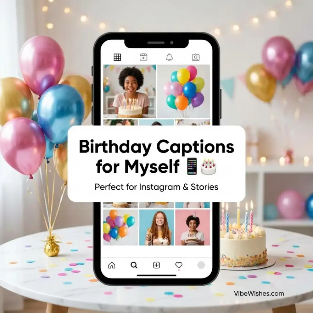 A smartphone displaying social media profiles surrounded by balloons and a cake, perfect for birthday wishes for myself captions.