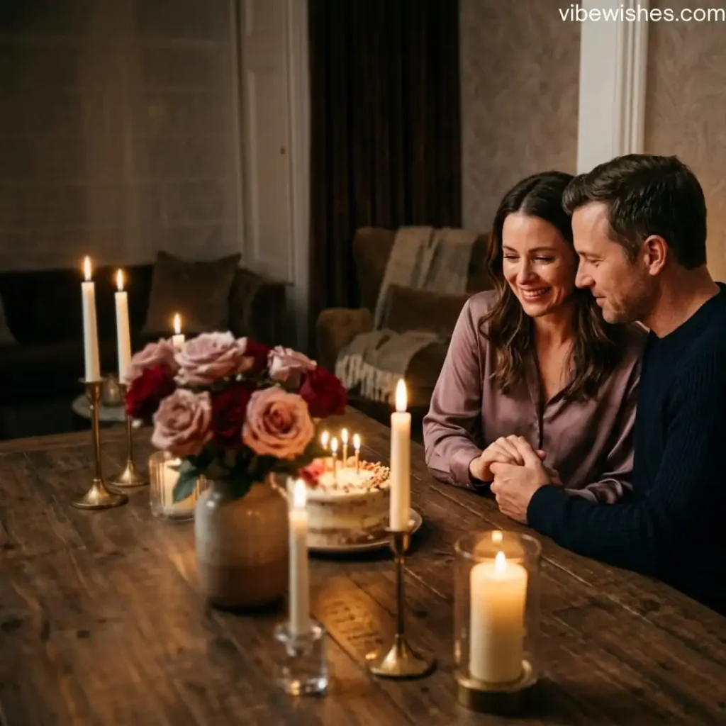 A husband and wife sharing a tender moment while reading emotional birthday wishes.