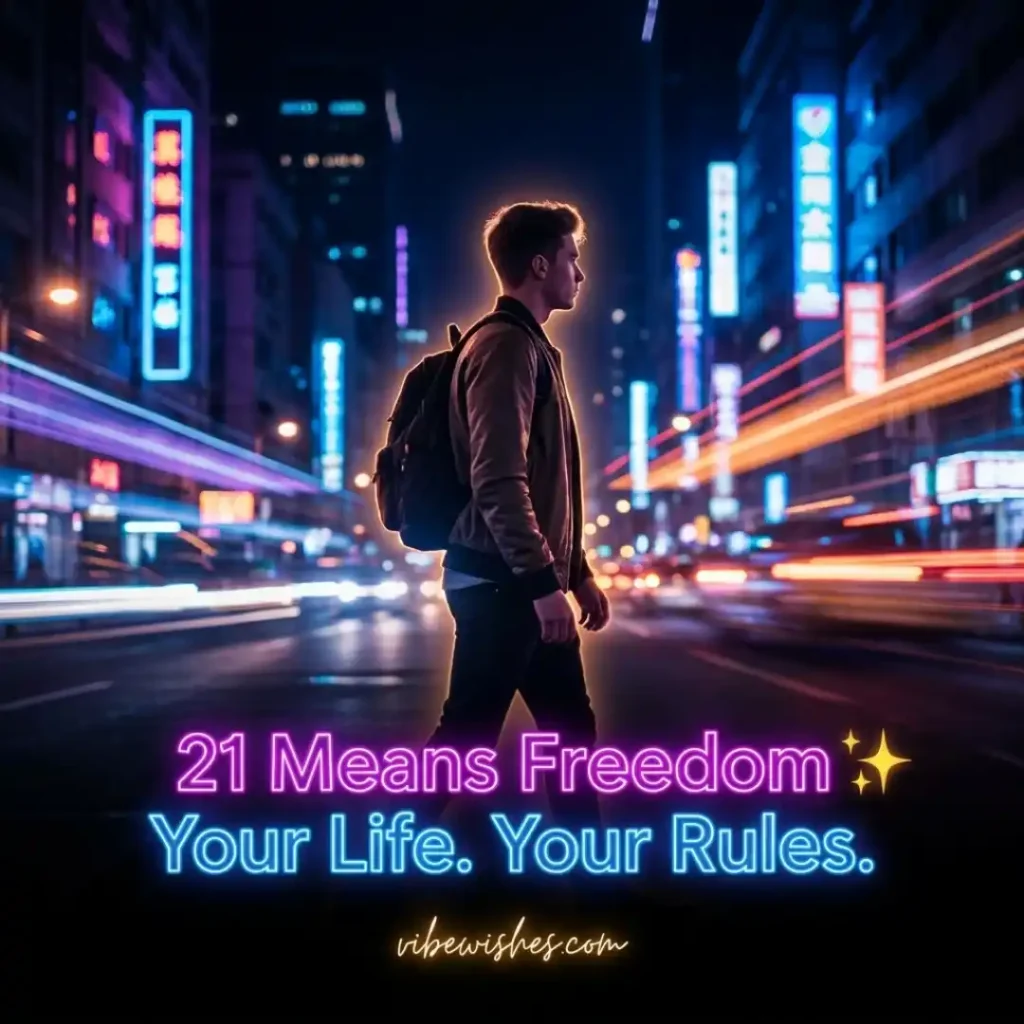 A young man with a backpack walking down a bright, neon-lit city street at night, with pink and blue text reading 21 Means Freedom Your Life. Your Rules.
