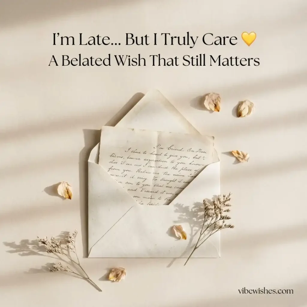 An aesthetic open paper envelope with a handwritten letter saying I am late but I truly care belated birthday wishes.