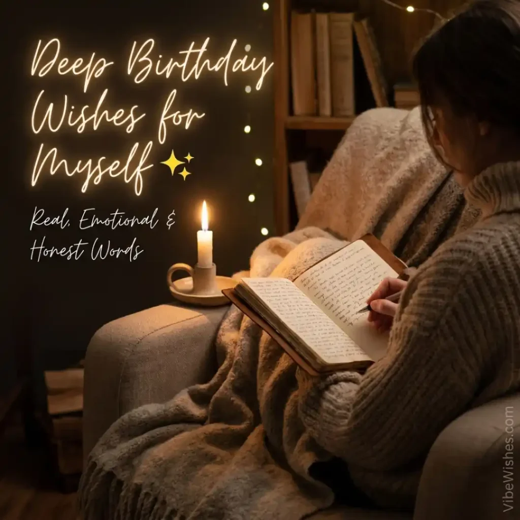A woman writing in a journal under warm fairy lights, illustrating deep birthday wishes for myself.