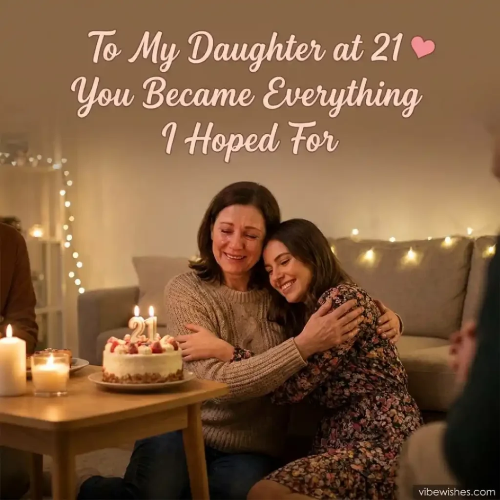 A mother crying happy tears while hugging her daughter on the floor next to a lit 21 birthday cake, with text reading To My Daughter at 21 You Became Everything I Hoped For.