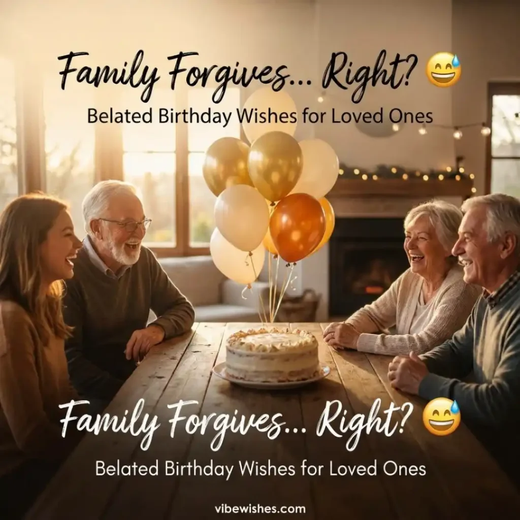 A happy senior family gathering laughing around a wooden dining table with a cake for belated birthday wishes.