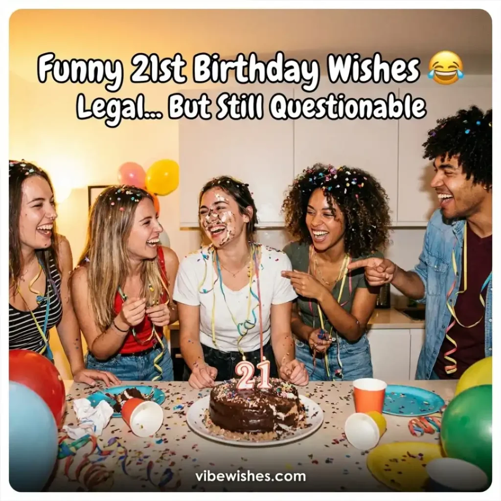 A group of friends laughing and pointing at a girl with chocolate frosting smeared on her face at a kitchen table, titled Funny 21st Birthday Wishes Legal... But Still Questionable.