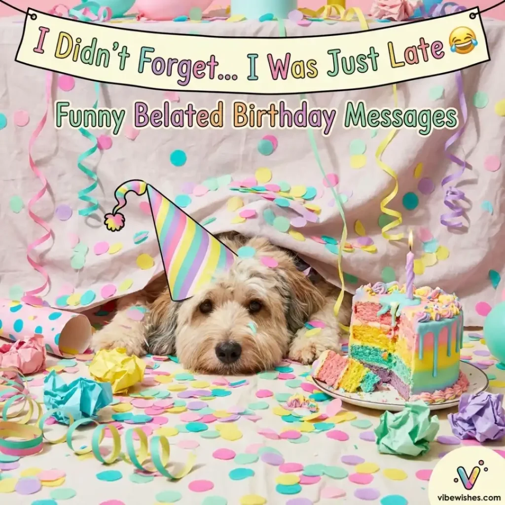 A cute fluffy dog wearing a colorful party hat lying down next to a half-eaten rainbow birthday cake.