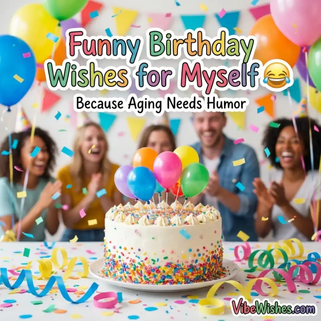 A colorful birthday cake with balloons and people clapping, perfect for funny birthday wishes for myself.