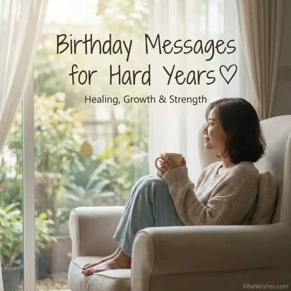 A woman holding a warm cup looking out a bright glass door, symbolizing strength and birthday wishes for myself after a tough year.