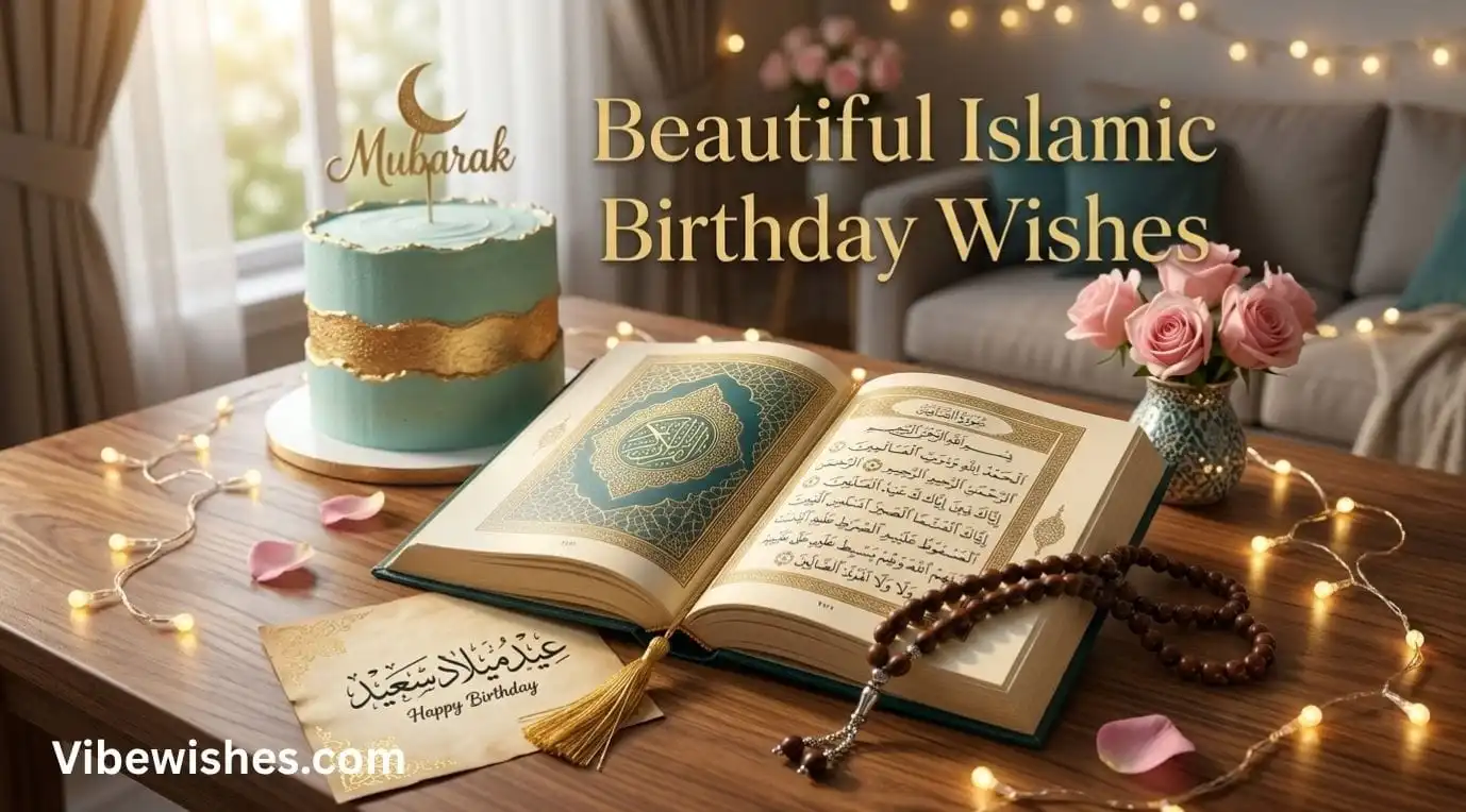A teal and gold cake next to an open Quran and prayer beads for Beautiful Islamic Birthday Wishes.