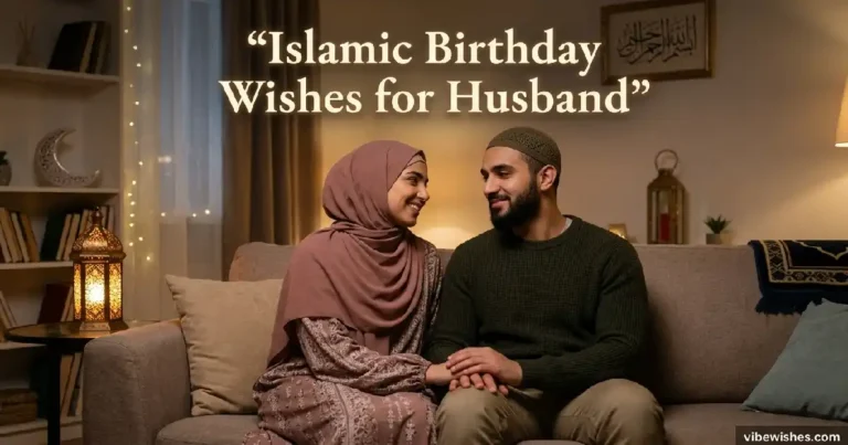 A Muslim couple sitting together on a couch, smiling at each other with text reading Islamic Birthday Wishes for Husband.