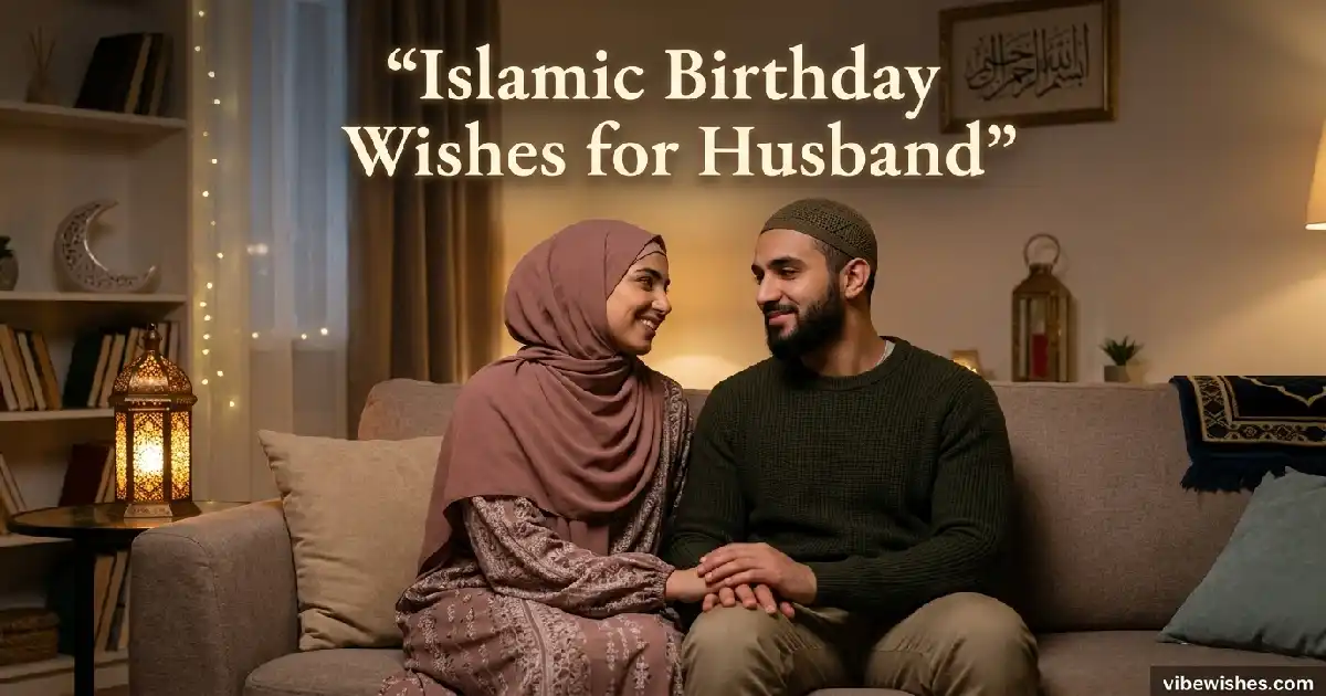 A Muslim couple sitting together on a couch, smiling at each other with text reading Islamic Birthday Wishes for Husband.