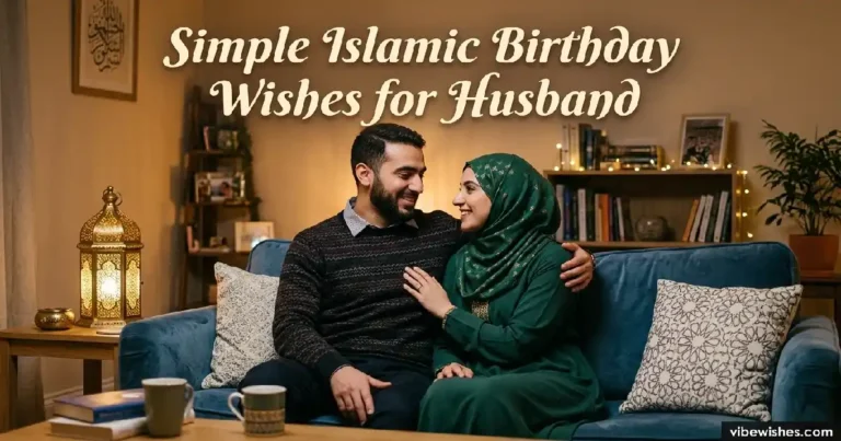 A happy Muslim couple sitting on a cozy blue sofa, looking at each other lovingly, perfect for simple Islamic birthday wishes for your husband.