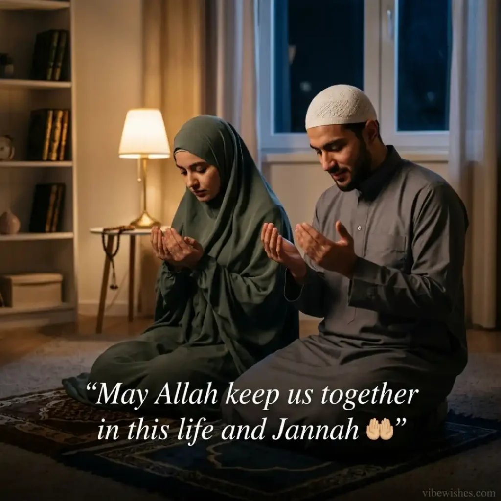 A Muslim husband and wife sitting on prayer mats making Dua together at night.