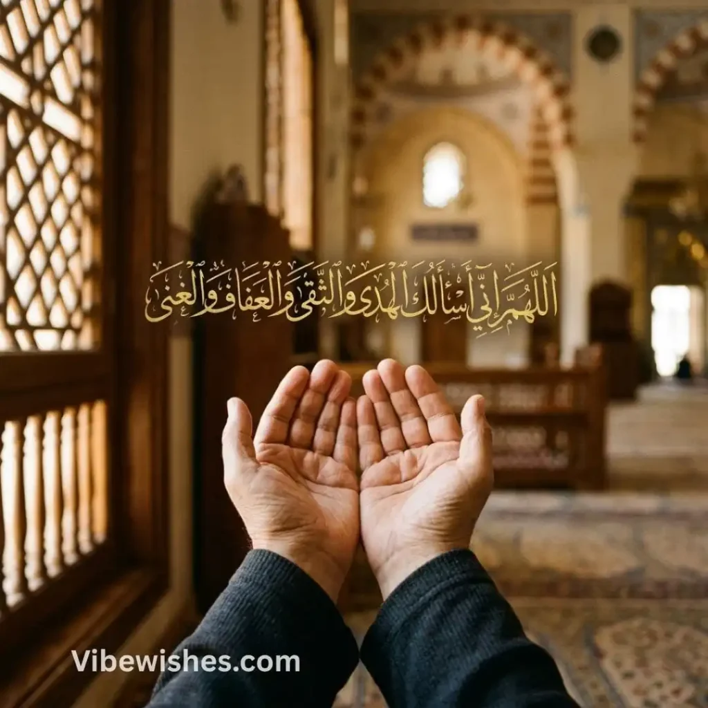 Hands held in prayer inside a mosque with a gold calligraphy overlay for Beautiful Islamic Birthday Wishes.