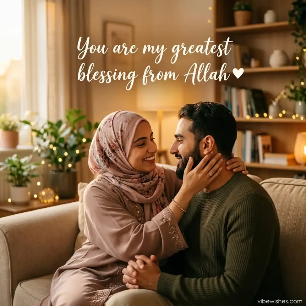A happy Muslim wife holding her husband's face lovingly on a sofa with text saying you are my greatest blessing from Allah.