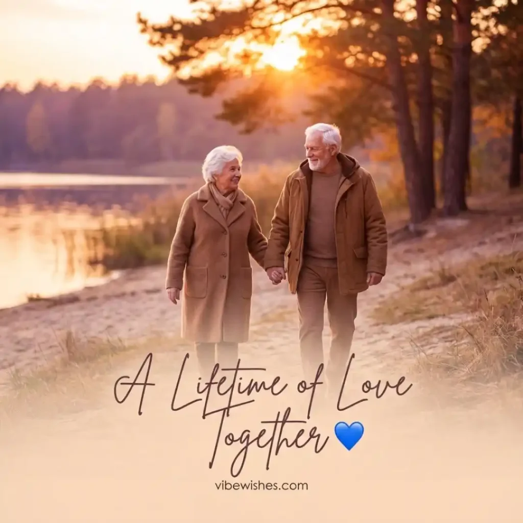 An older couple walking hand in hand on a beach at sunset, a beautiful backdrop for romantic 70th birthday wishes for husband.