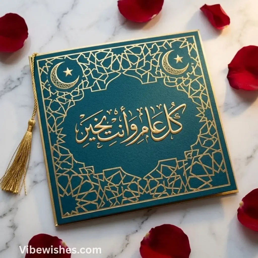 A luxury teal green card with gold patterns, perfect for sending Beautiful Islamic Birthday Wishes.