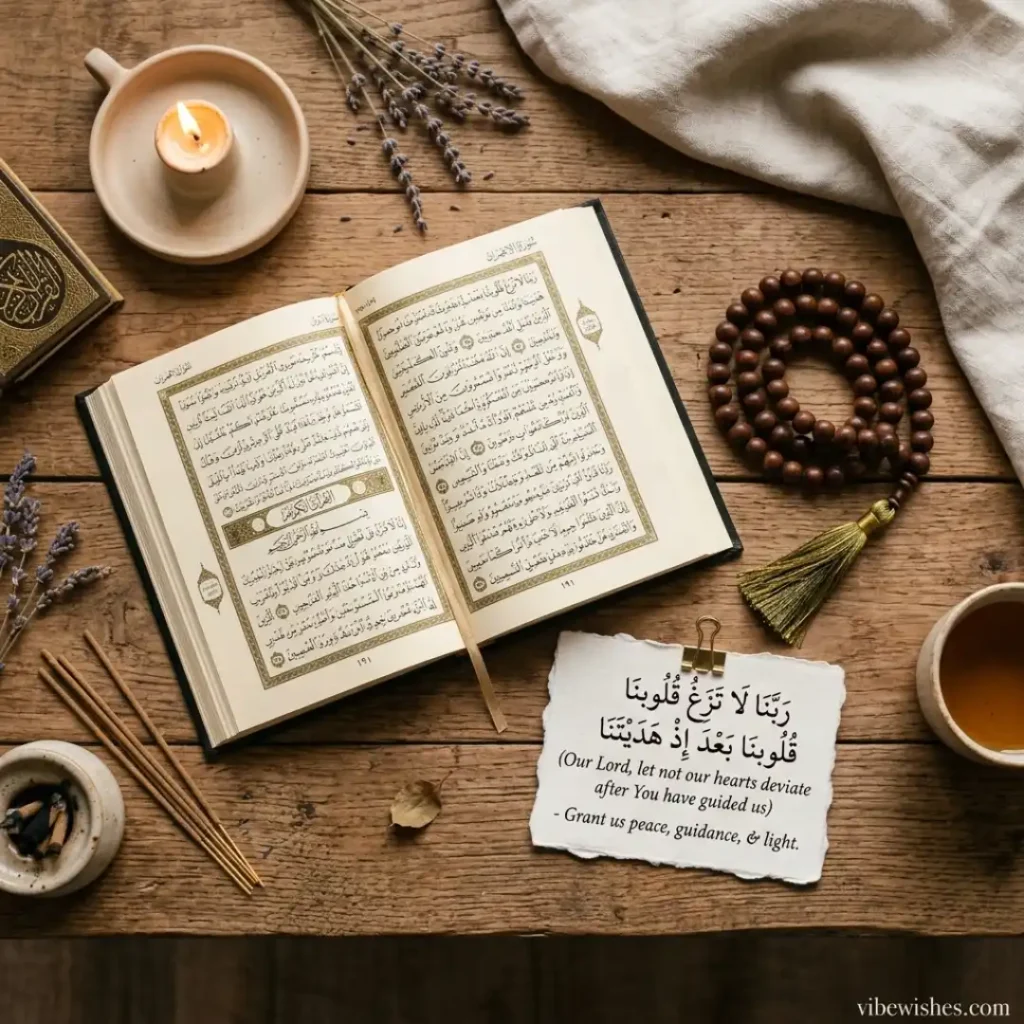 An open Holy Quran on a wooden table with a prayer bead and a note showing a Quranic Dua for guidance and peace.