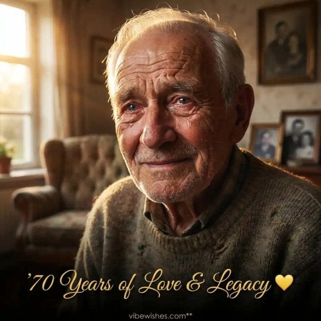 An elegant senior woman smiling next to a window with a teacup, perfect for a cozy gallery of 70th birthday wishes for grandfather.
