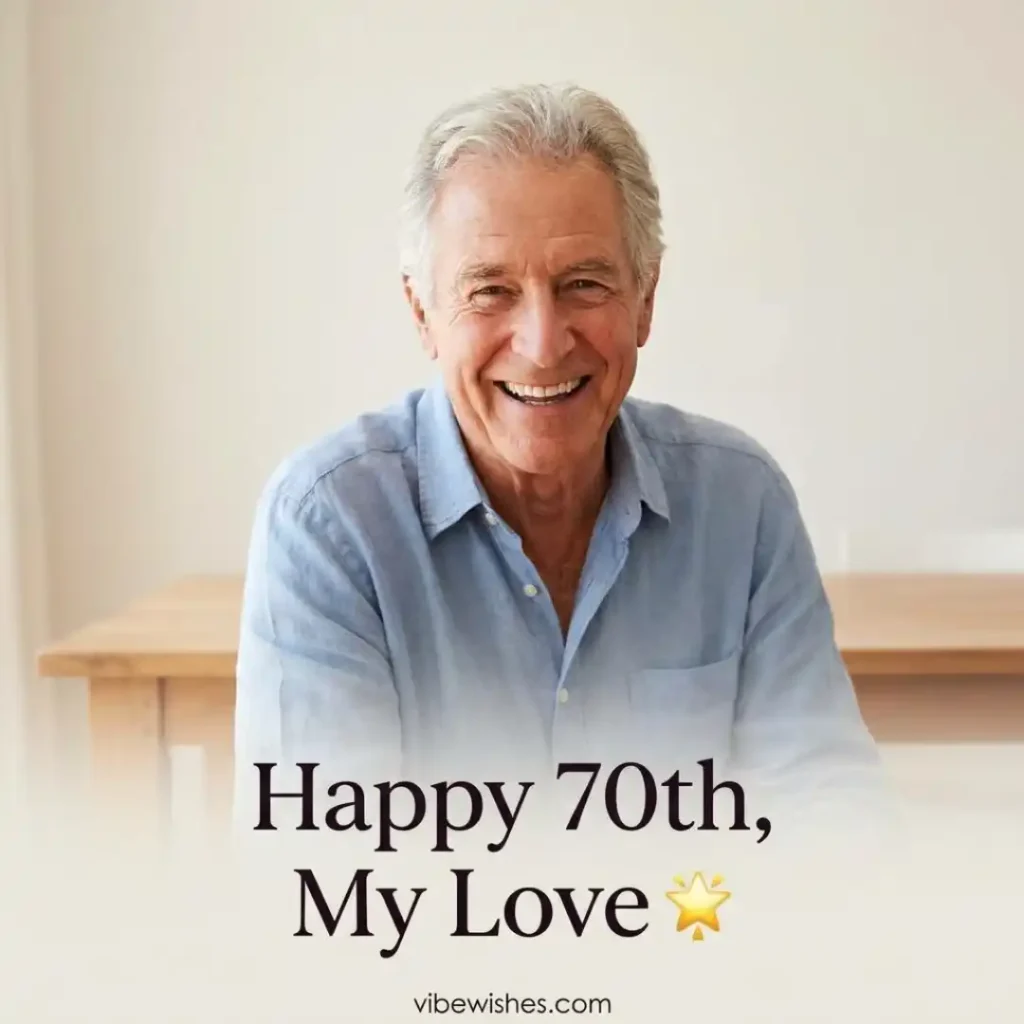 A happy senior couple laughing and hugging on a living room couch, capturing the joy behind romantic 70th birthday wishes for husband.