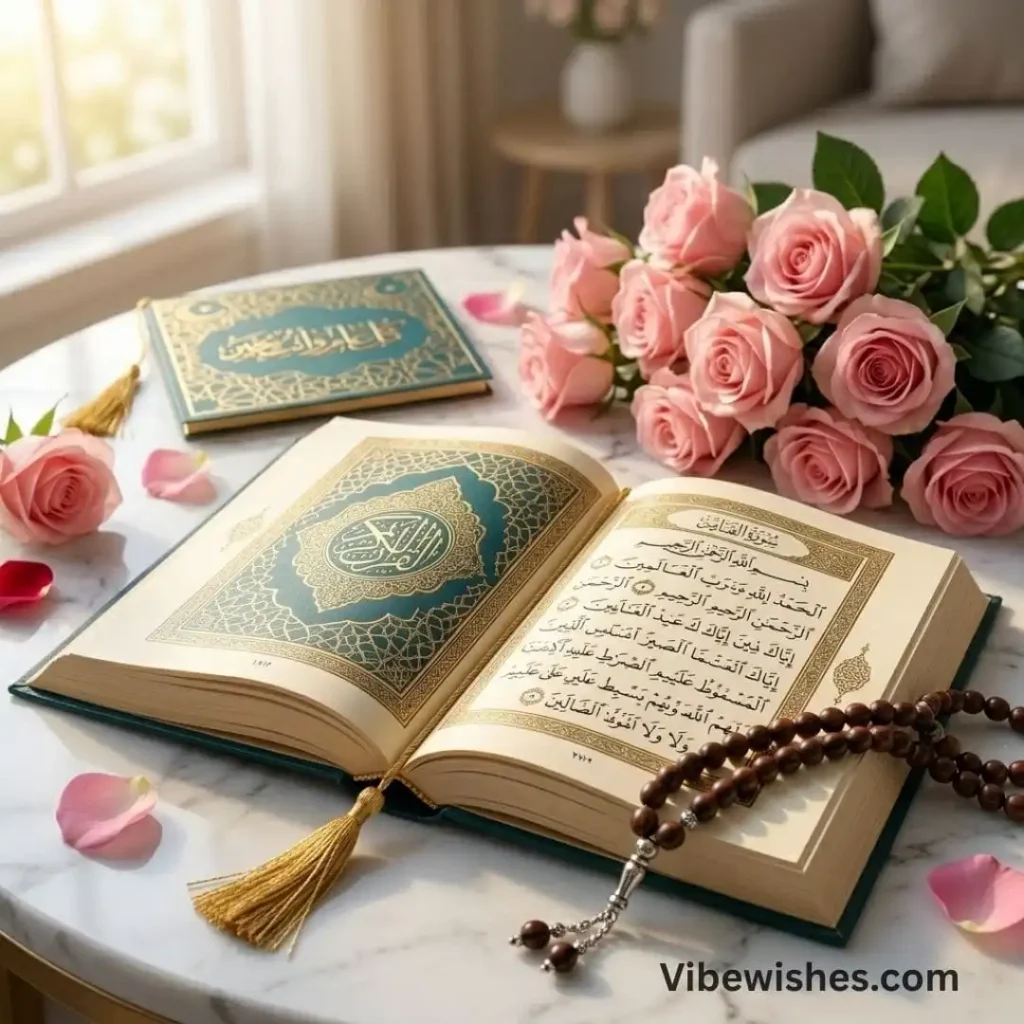 An open Quran next to fresh pink roses, representing Beautiful Islamic Birthday Wishes and peace.