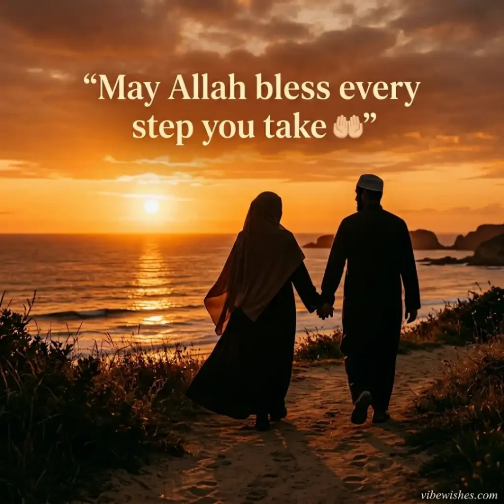 Silhouette of a Muslim couple walking hand in hand on a beach during a beautiful sunset.