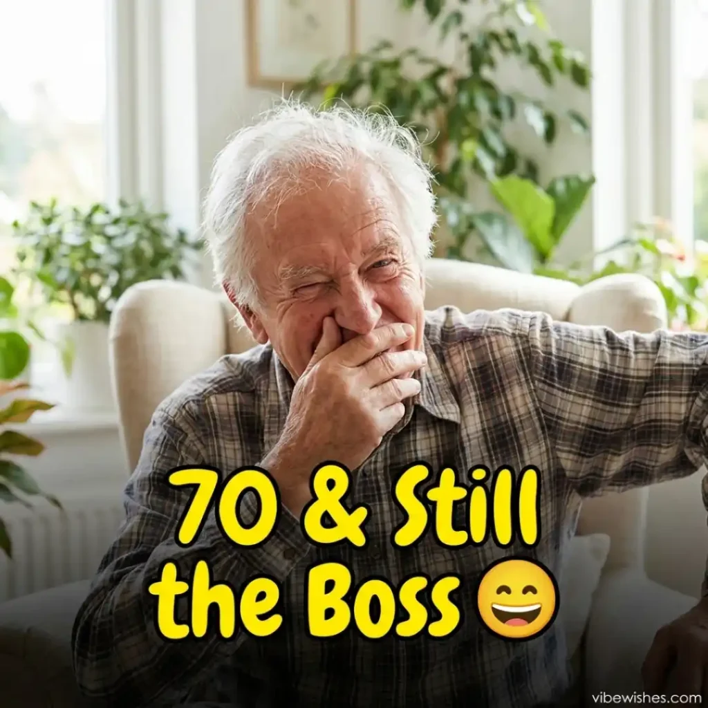 A playful elderly woman covering her husband's eyes from behind, a fun image to pair with funny 70th birthday wishes for husband.