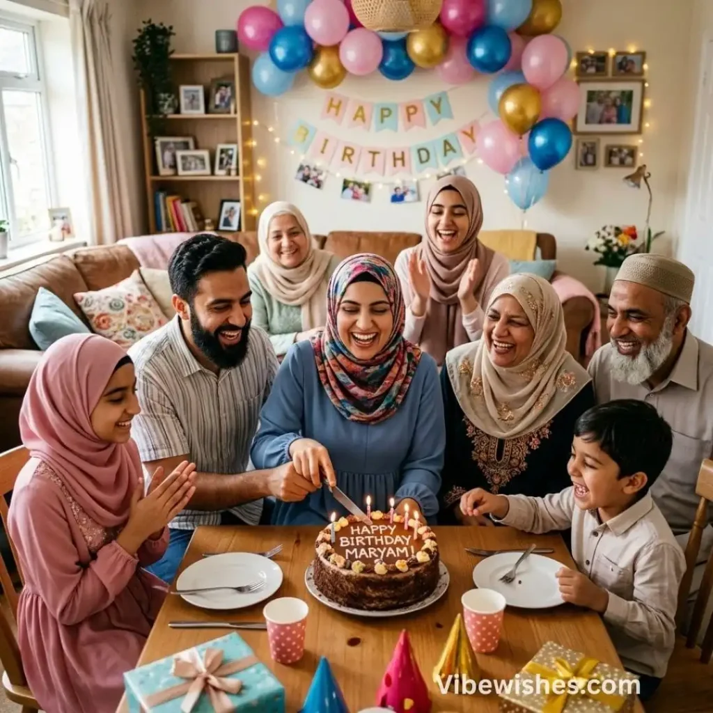 A happy Muslim family celebrating a birthday with a cake, illustrating Beautiful Islamic Birthday Wishes.