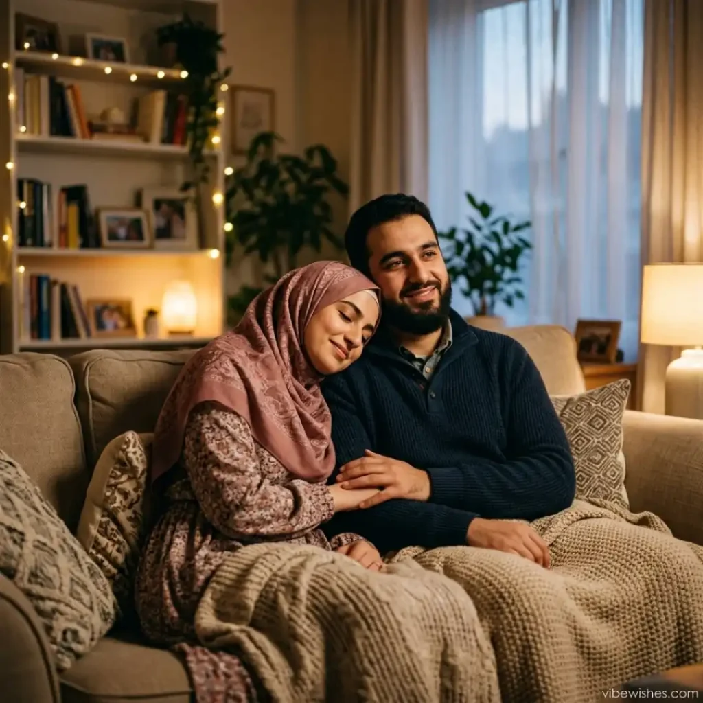 A Muslim wife leaning her head on her husband's shoulder while resting on a couch under a blanket.